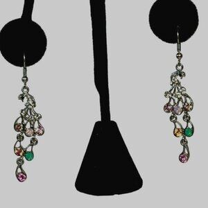 Fun Rhinestone Studded Peacock Dangle Earrings Excellent Condition Gift